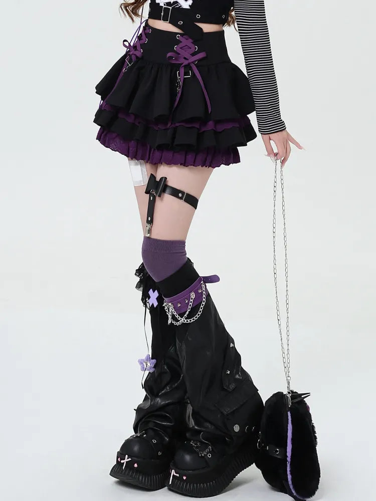 Skirt Black Tiered Details Waist Purple Y2K at and Lace-up