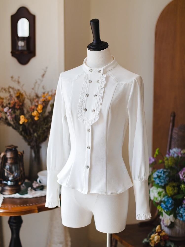 White Elegant Retro Autumn Long Sleeves Shirt