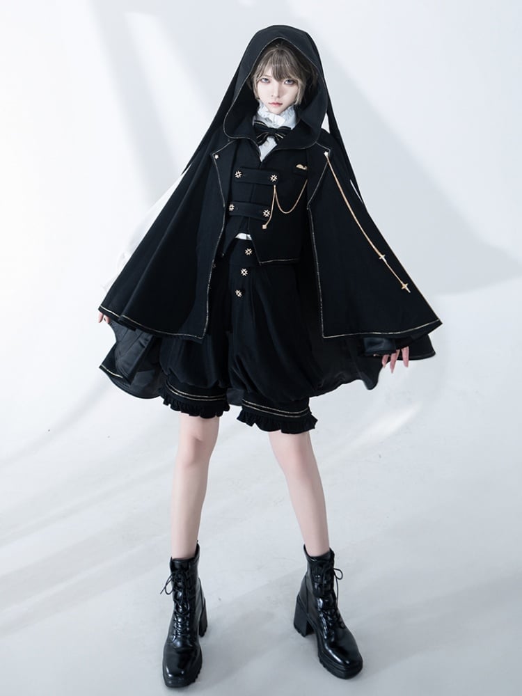 Schwarzer Ouji Lolita Fashion High-Low Saum-Umhang