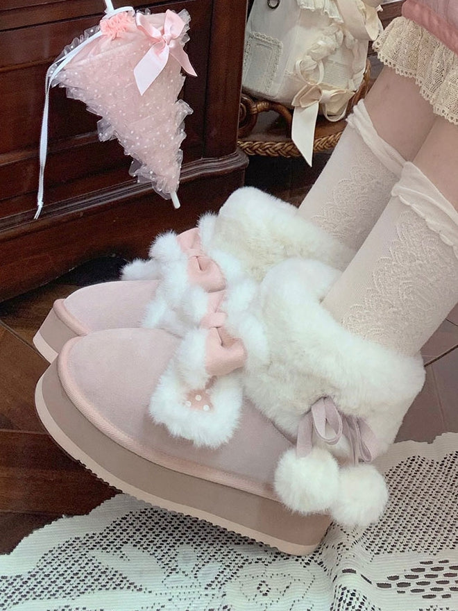 Sweet Winter Polka Boots - Platform Ears Rabbit Plush Lolita Pink Dot