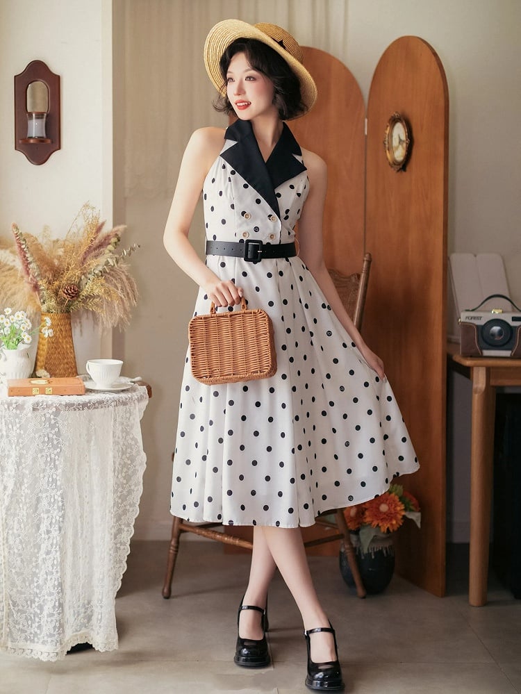 Pattern Fashion Dots Retro White Dress 1950s Collar Polka Blazer and Black