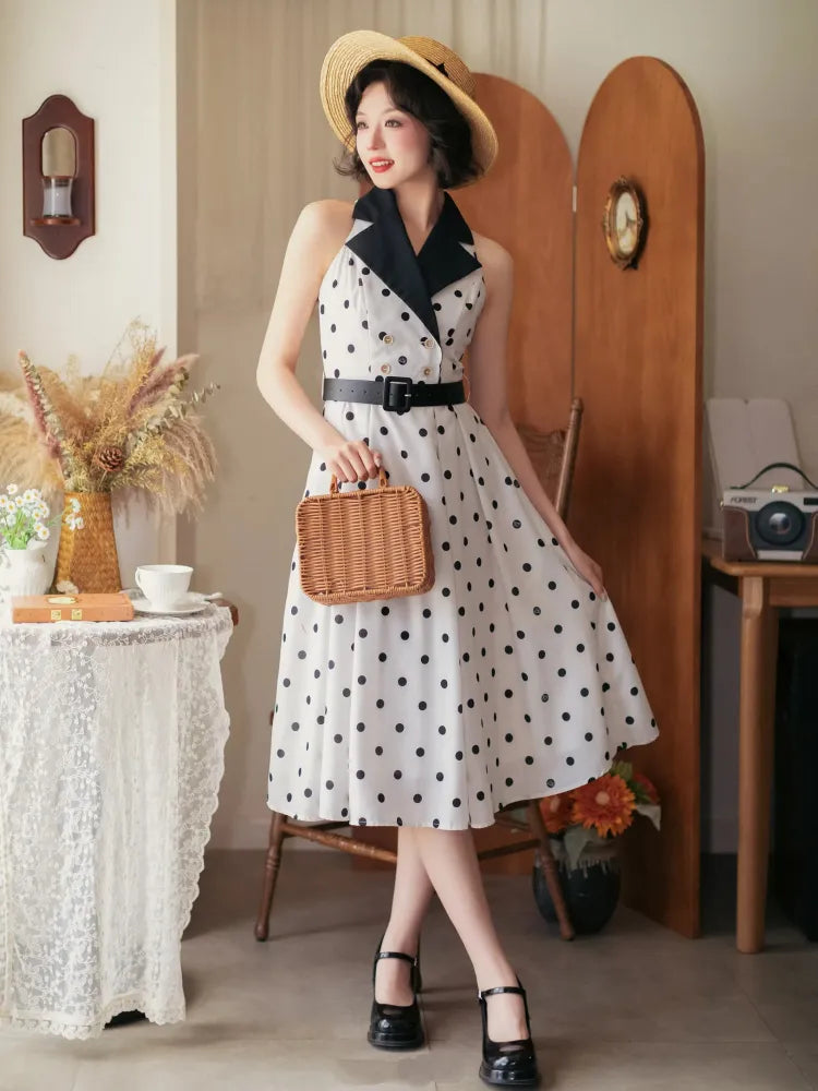 Dress Blazer Collar Retro Pattern Polka Dots White and Fashion 1950s Black