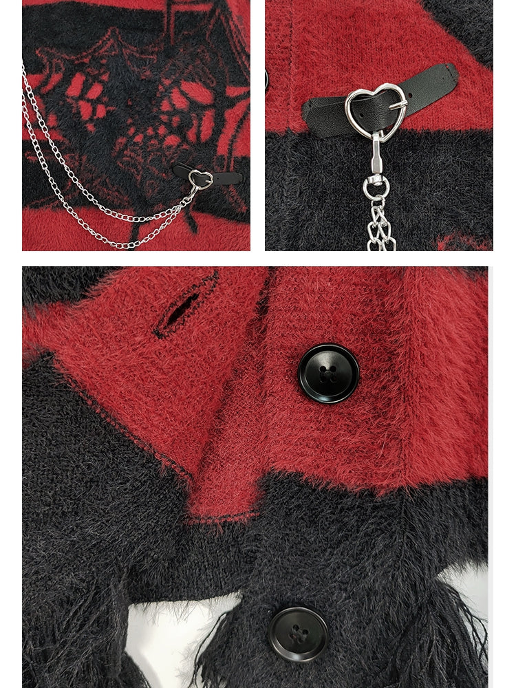 Y2K Black and Red Spider Web Pattern Distress Trim V-neck Striped Sweater Buckle Straps with Chain