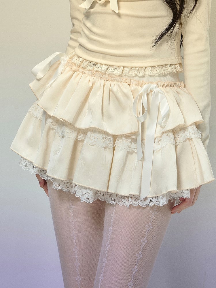 Apricot Bow Accents Lace Trim Tiered Mini Skirt