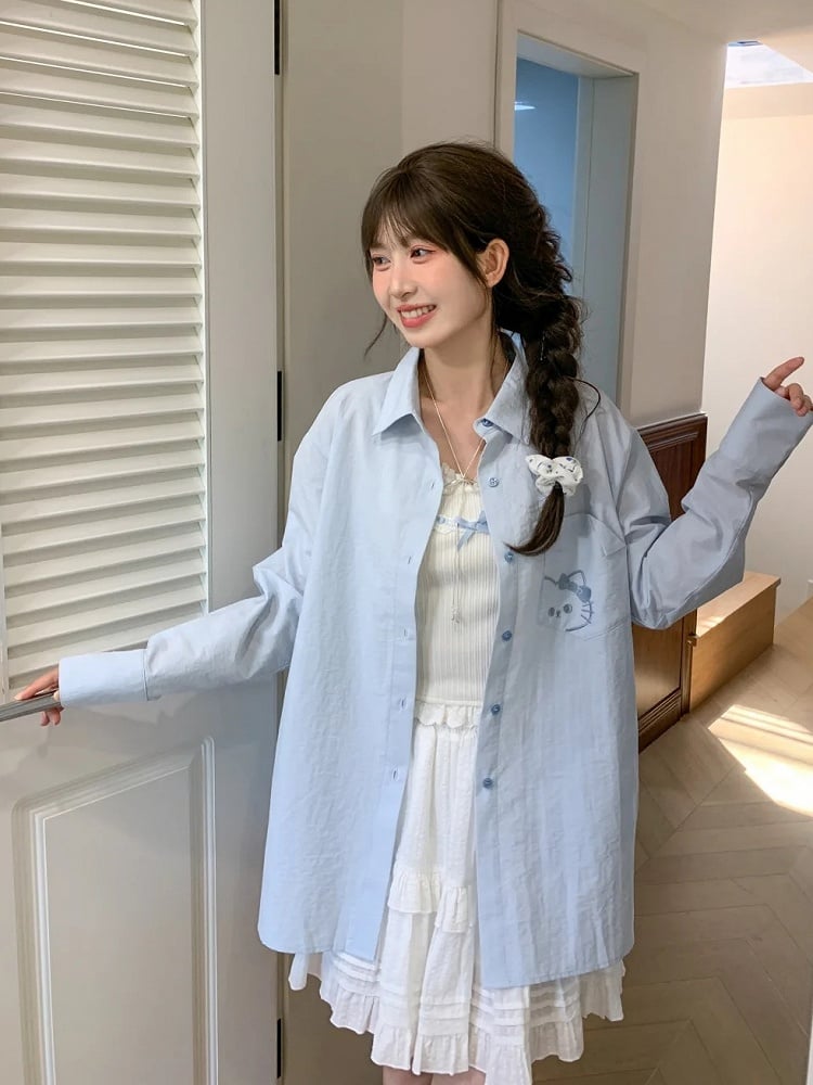 Back Shirt Kitty Embroidery on Pocket Kitty-shaped Detail Blue/Pink Loose Cutout