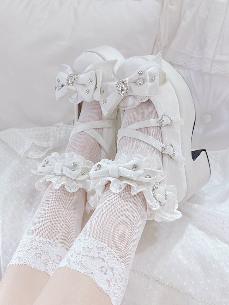Weiße Heel Janes Mary Akzente High Block Samt Kei Jirai Schleife Old School Lolita