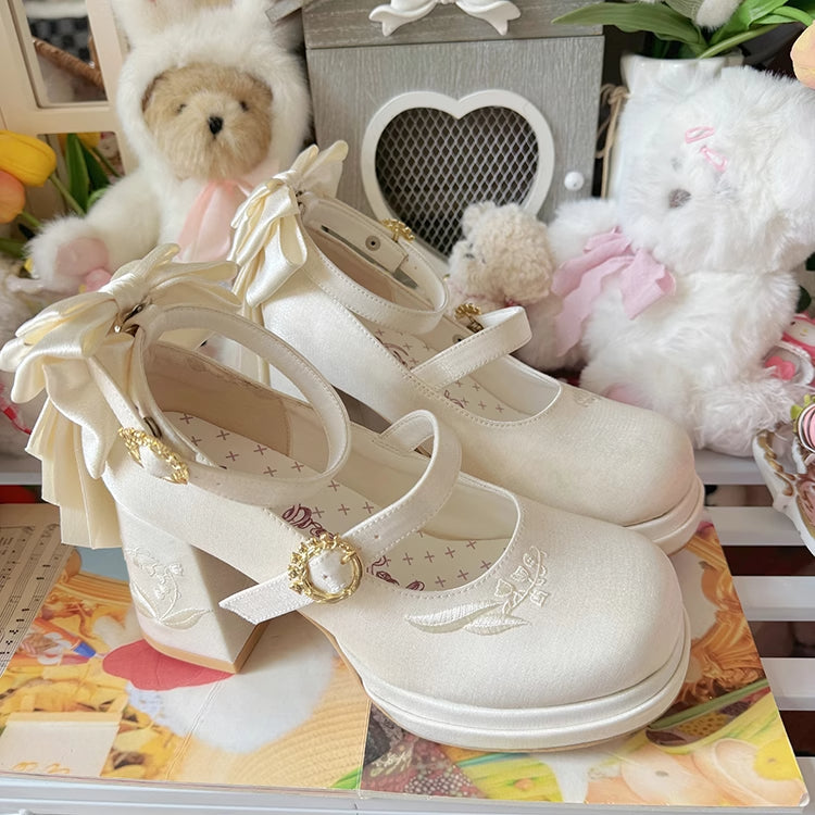 Middle Heels of the Mary Detachable White Lily Embroidery Satin Valley Bowknot Janes