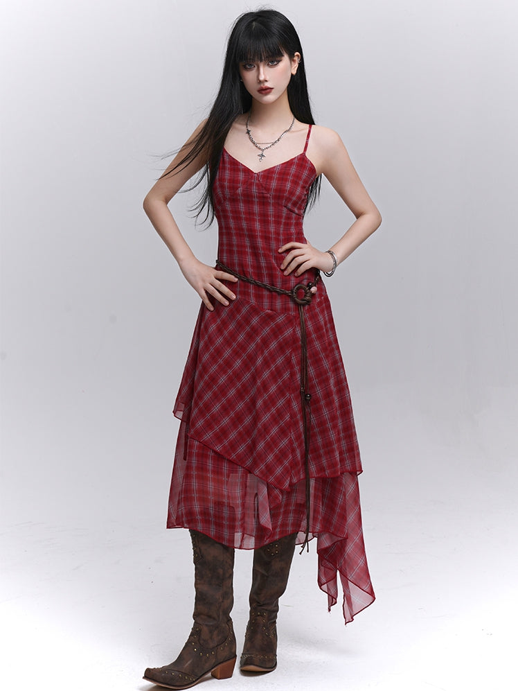 Red Plaid V-Neck Handkerchief Hem Cami Dress