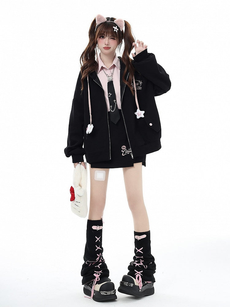 Black Hooded with and Charm Embroidered Jacket Star Drawstrings Chest Lettering