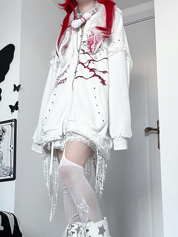 Guro Cat Print Heart Decorated Zip-up And Ear Hoodie White Letter Kawaii Studs