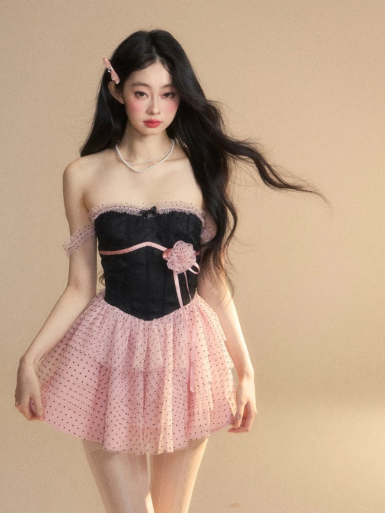 ドレス ティアード ドット柄 メッシュスカート 花柄 ブラック ピンク ミニ アクセント柄