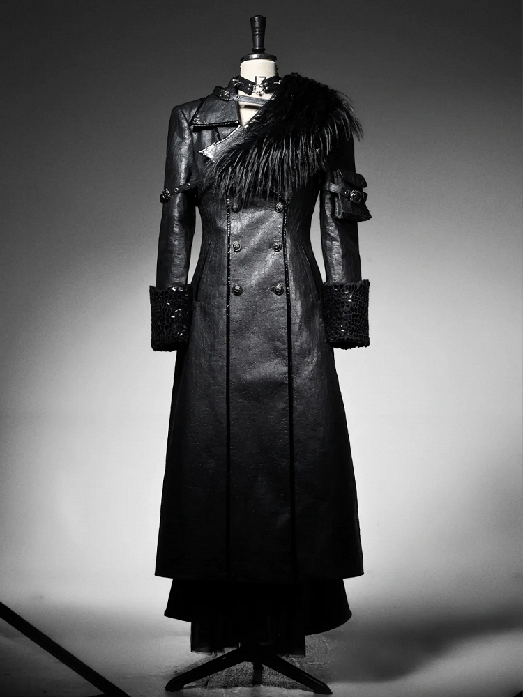 Schwarzer Trenchcoat aus Gothic-Rissleder mit kuscheligem Fleecefutter