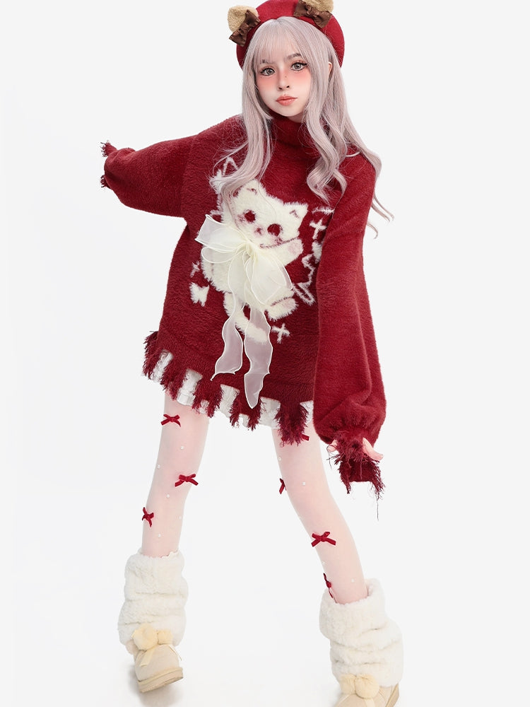 赤い猫柄のリボンアクセント、ディストレストリムのハイネック、着心地の良いセーター