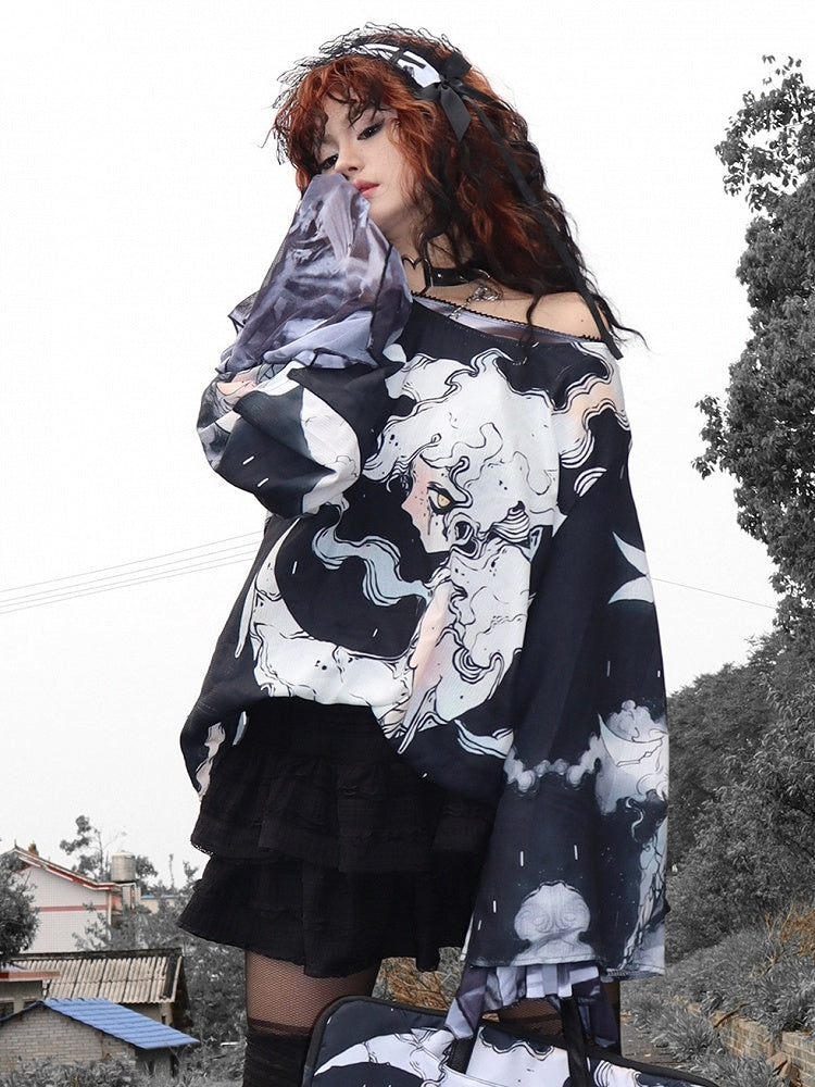 Fashion Black Moon Sleeves Protection Top Long And Gyaru Cartoon Print Sun