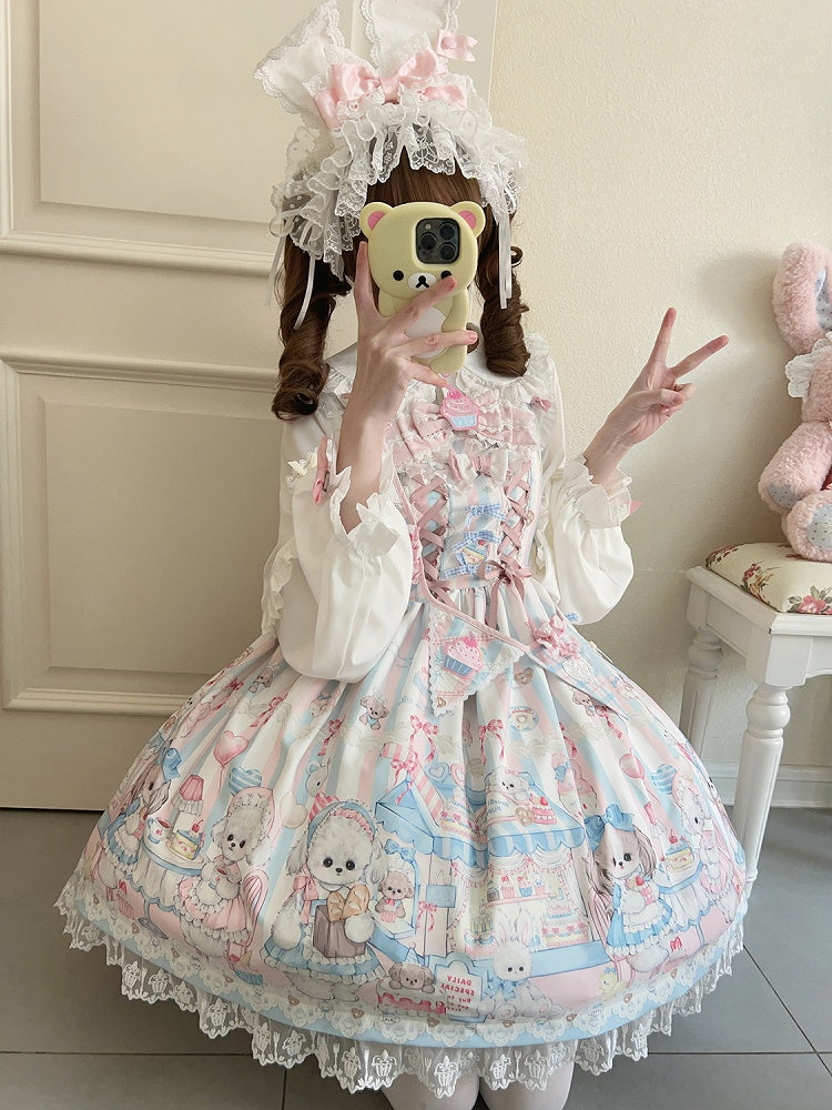 Puppy's Lolita Sweet Print Dress Afternoon with Ribbon Flags Tea