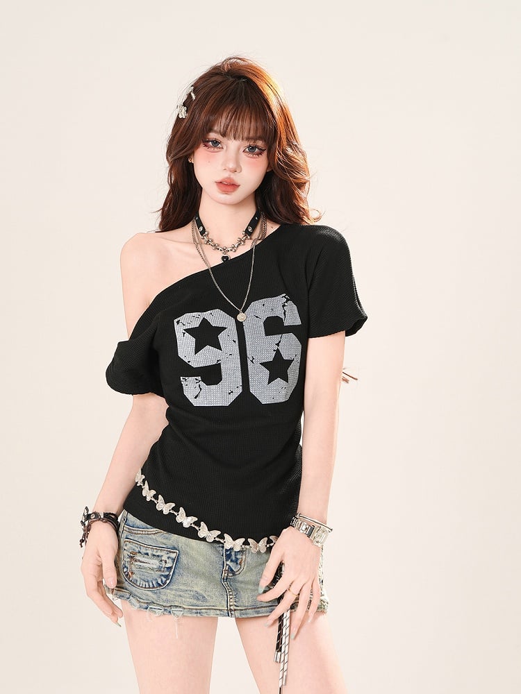Blue Black/Dusty Asymmetrical Neckline Number Print T-Shirt