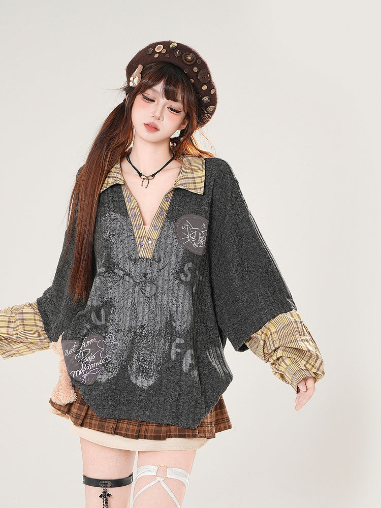 Dark Gray V-Neck Top with Bear Print and Plaid Patchwork Knit