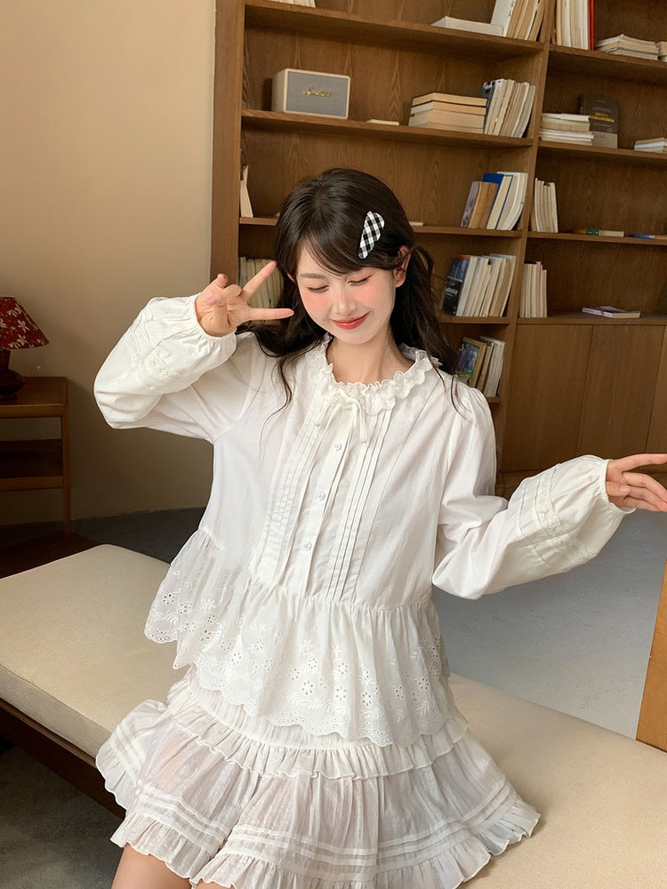 White Elastic Waist Ruffle Hem Tiered Skirt