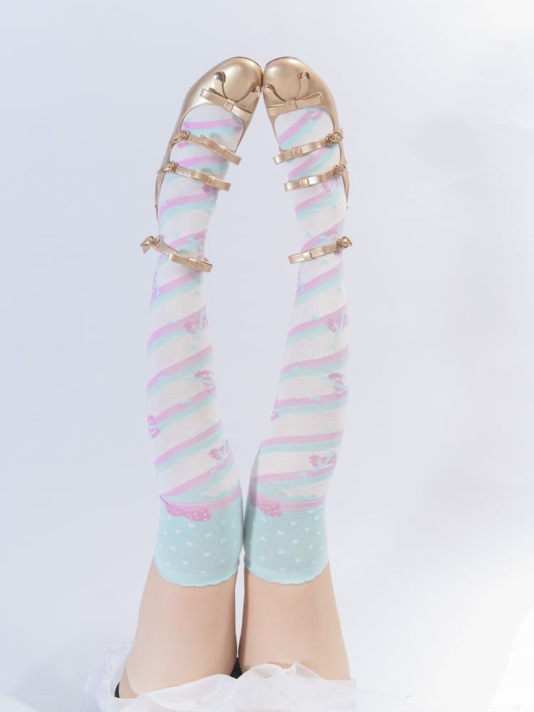Little Candy Cotton Over-the-Knee Stockings - Mint Green and Pink Stripes