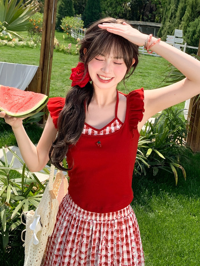 Faux Tank Top Neckline Embroidery Red Halter Neck Flutter Sleeves Cherry Two-pieces