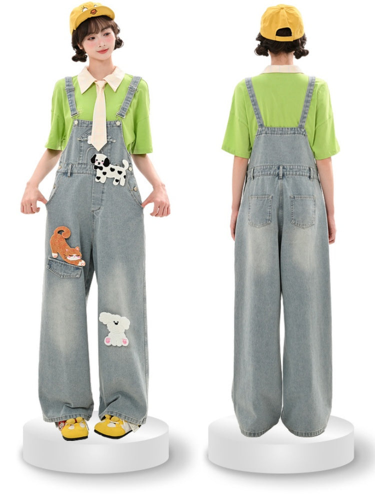 Hellblaue hohe entzückende Tierapplikationen Denim-Overalls