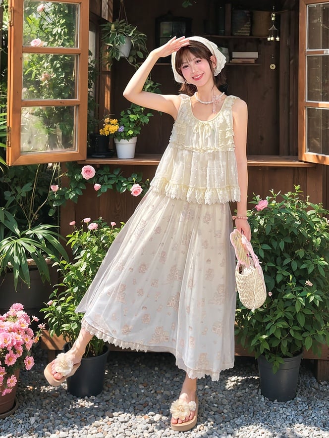 Self-tie Tank Top Bow Lace Trim Elegant with Beige Tiered