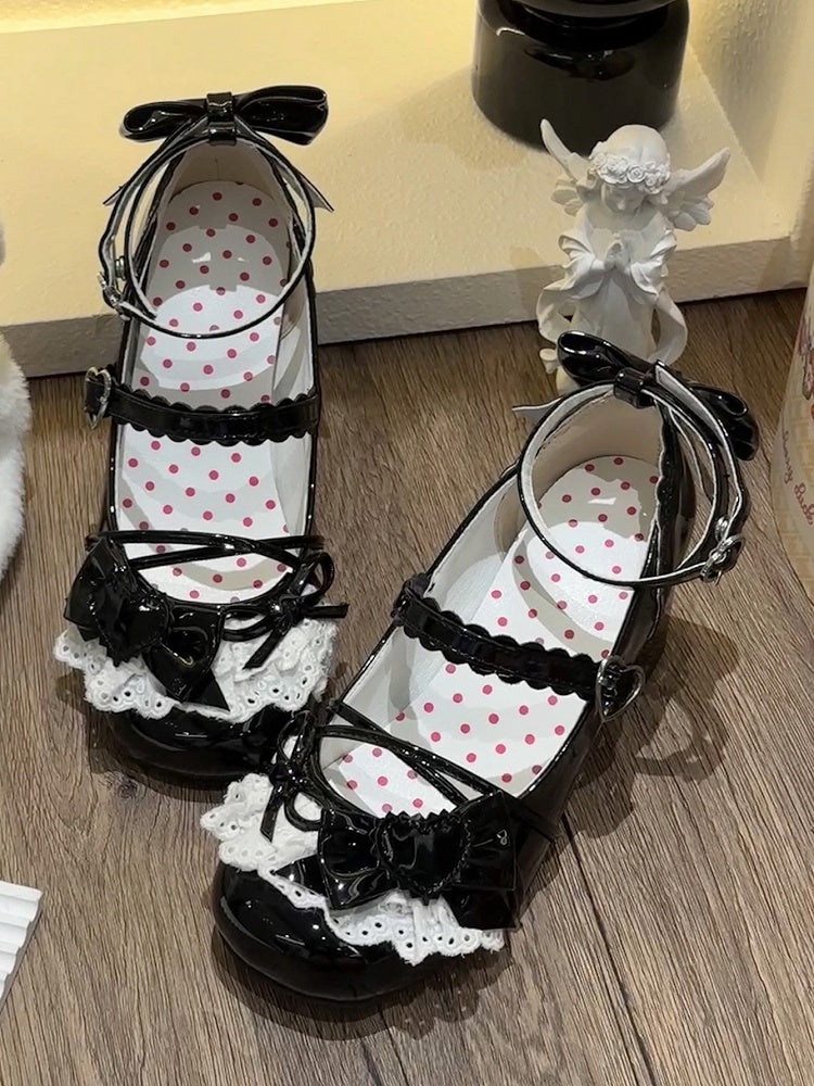 Jane Lace-Trim Polished Lolita with Heel Buckles Mid Bow Mary Sweet Heels Black Top - Heart