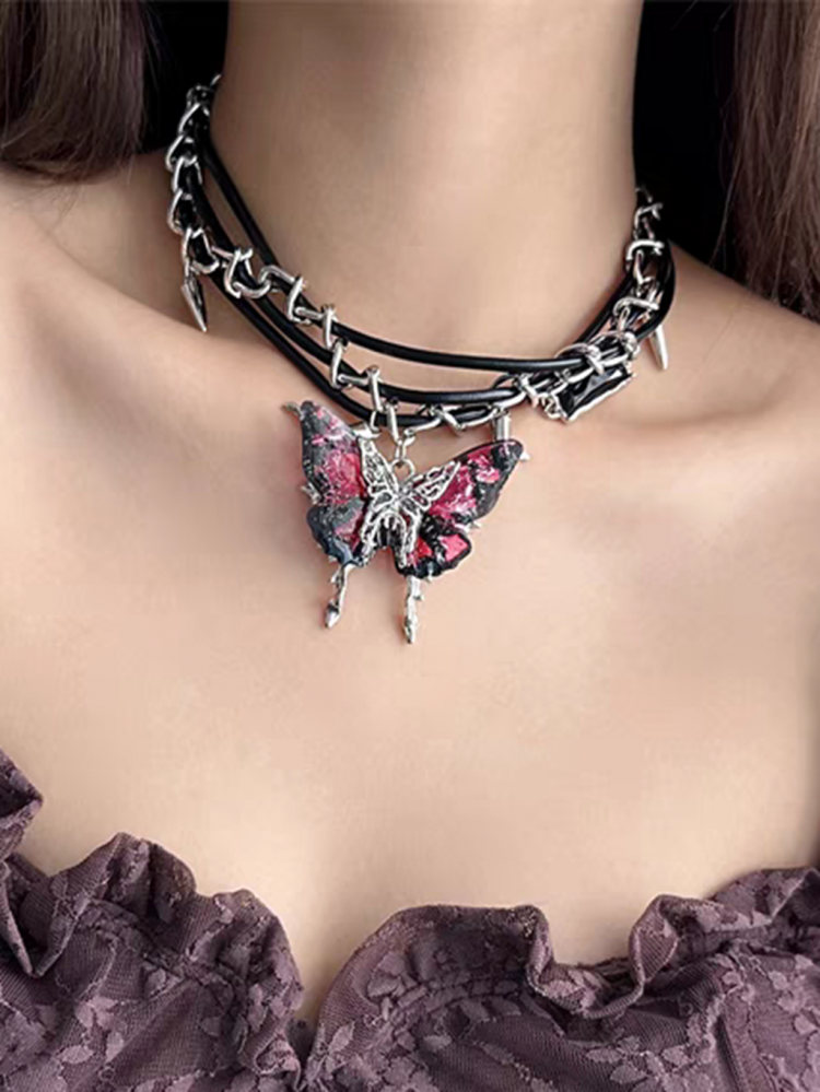 Collier ras du cou papillon rose rouge bleu foncé Y2K