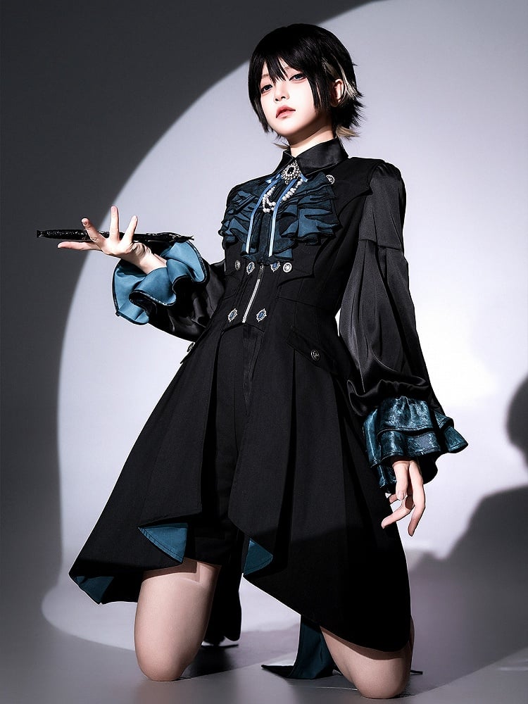 Long Shirt - Black Ouji Blue + Sleeves Tie Waistcoat Jabot Full and Prince Shorts Lolita Set