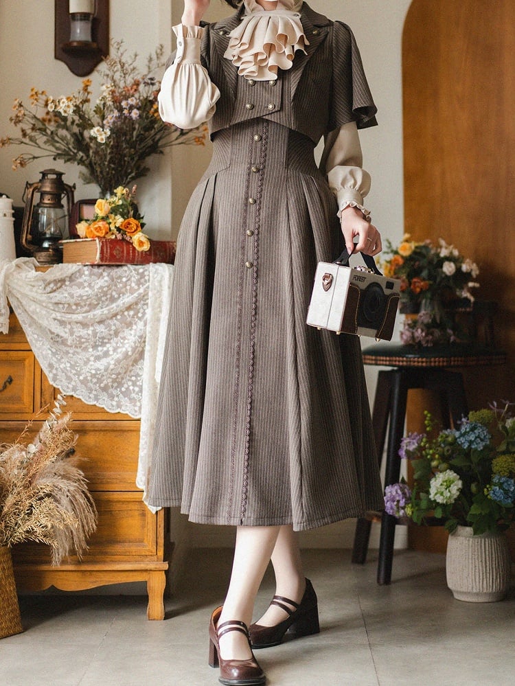 ブラウンの春のエレガントな骨太ハイウエストヴィンテージロリータスカート