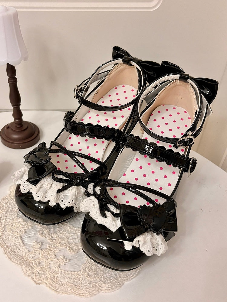 Jane Lace-Trim Polished Lolita with Heel Buckles Mid Bow Mary Sweet Heels Black Top - Heart