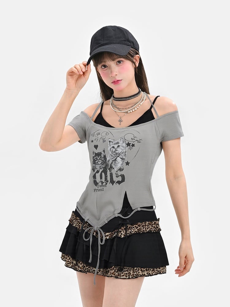 Y2K Black Leopard Pattern Mini Tiered Skirt with Details Glamorous Lace-up