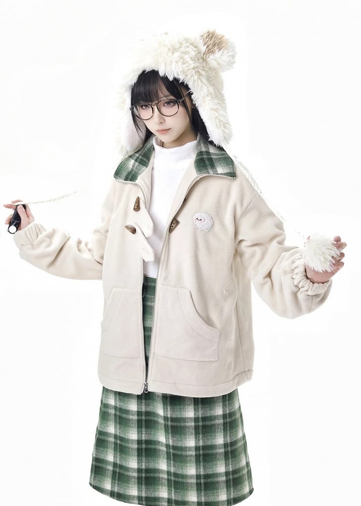 Apricot Horn Button Design Fleece Coat+Pompons Scarf+ Vest