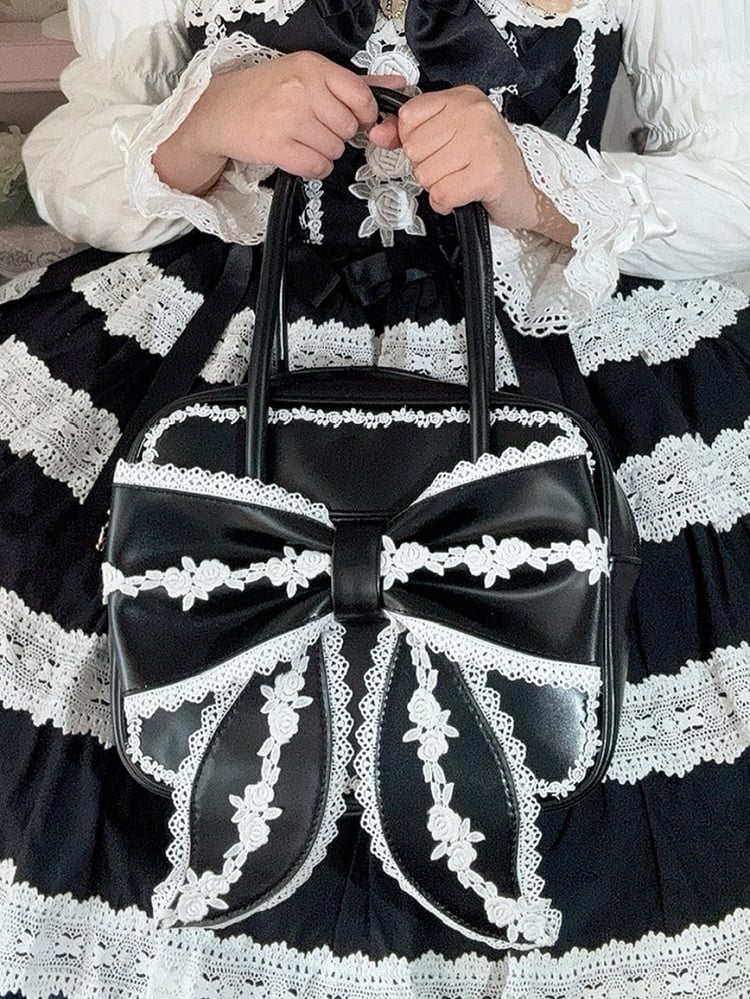 Bag Lolita Bow Sweet PU Square Big Lace with Front School Black White and Old Trim