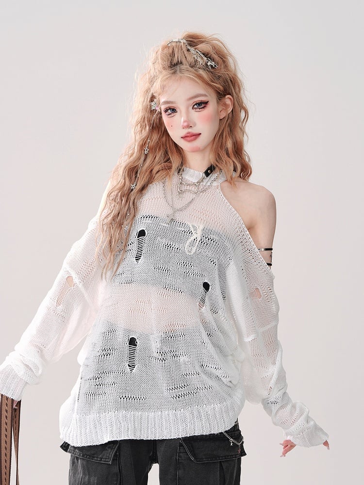 White Halter Neck Hollow-Out Knit Top with Cutout Shoulders