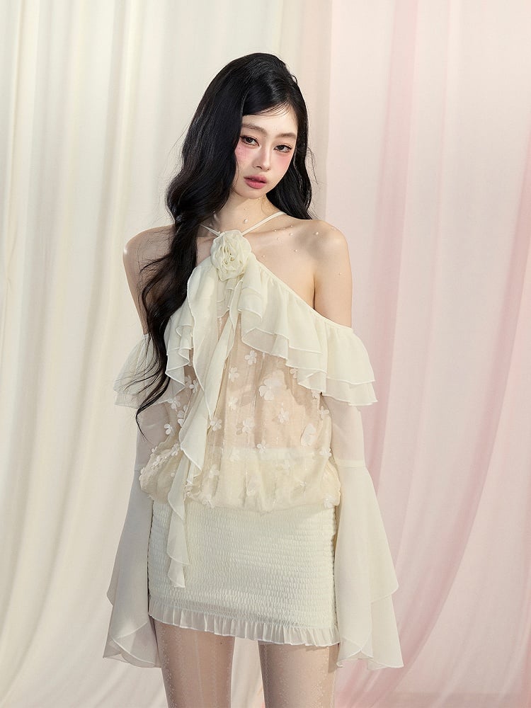 Cascading Ruffle Accents Mesh Top Sleeves Apricot Halter Neck Bell