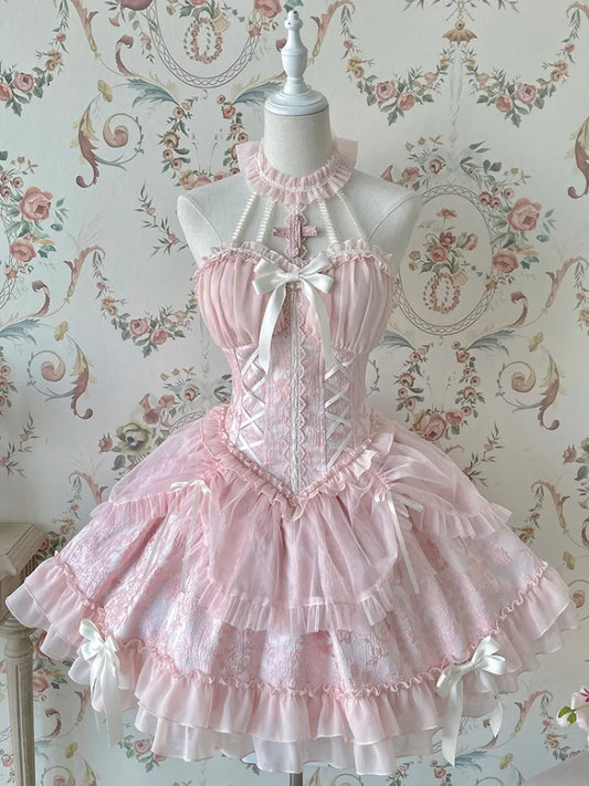 Cross Belle Rosa Neckholder-Korsettkleid Balletcore Lolita JSK