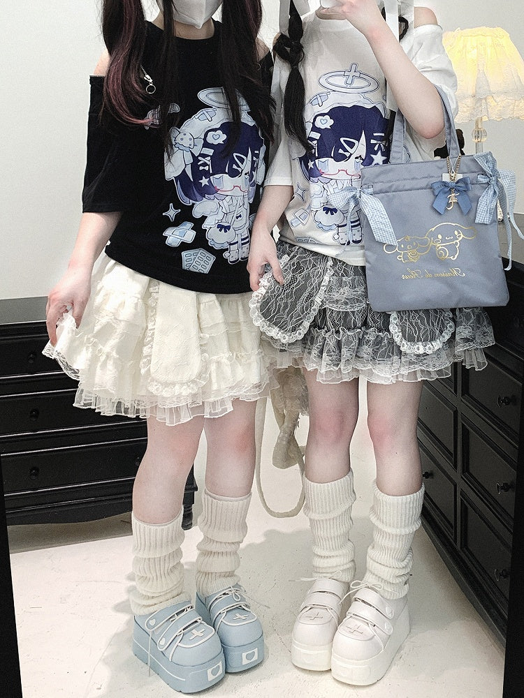 Kei Jirai Yami Kawaii Cartoon Print Zipper Detail Open Shoulder Black/White T-shirt