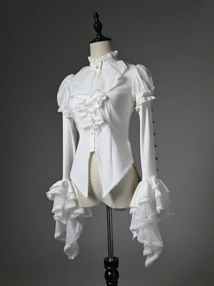 White High-low Long Sleeves Neck Jabot Hem Shirt High Ruffled