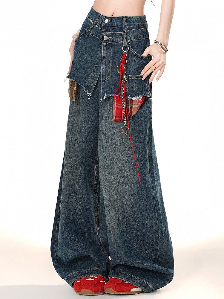 Fake Two-piece Blue Wide-leg Cut Jeans Design