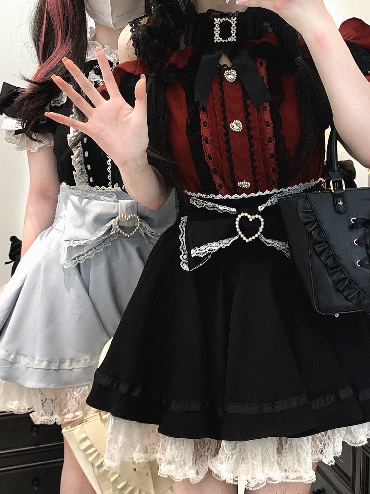 Jirai Kei Lace Bow Big Back Skirt Black/Light Trim Beaded Heart Decorated Blue Lace-up