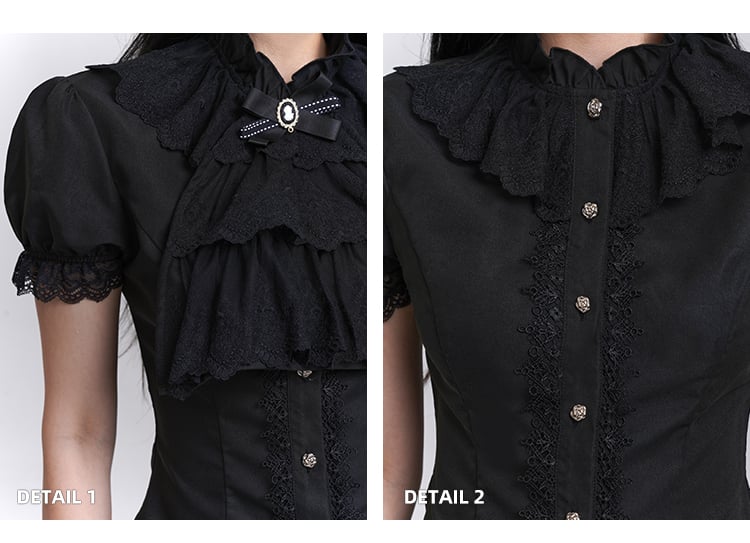 Tie Black Puff Sleeves Vintage Gothic Blouse with Detachable Jabot
