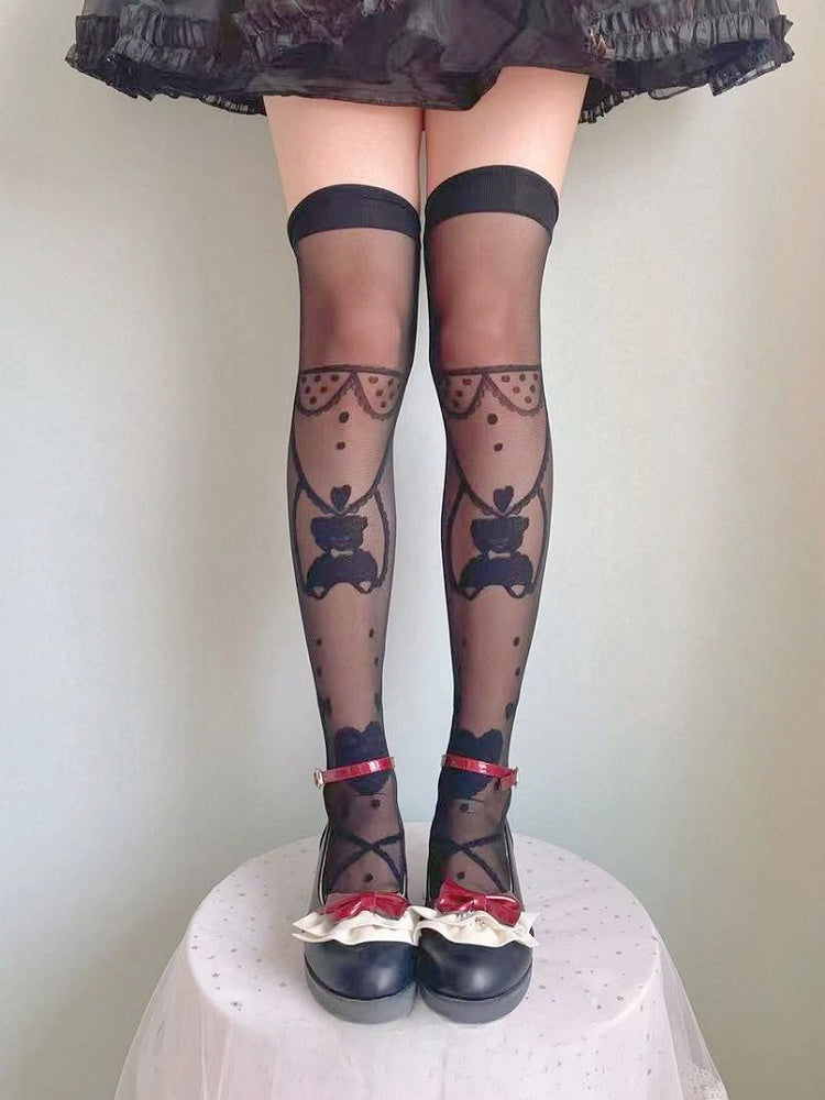 Weiß/schwarze Overknee-Strümpfe mit Teddybär und Herz