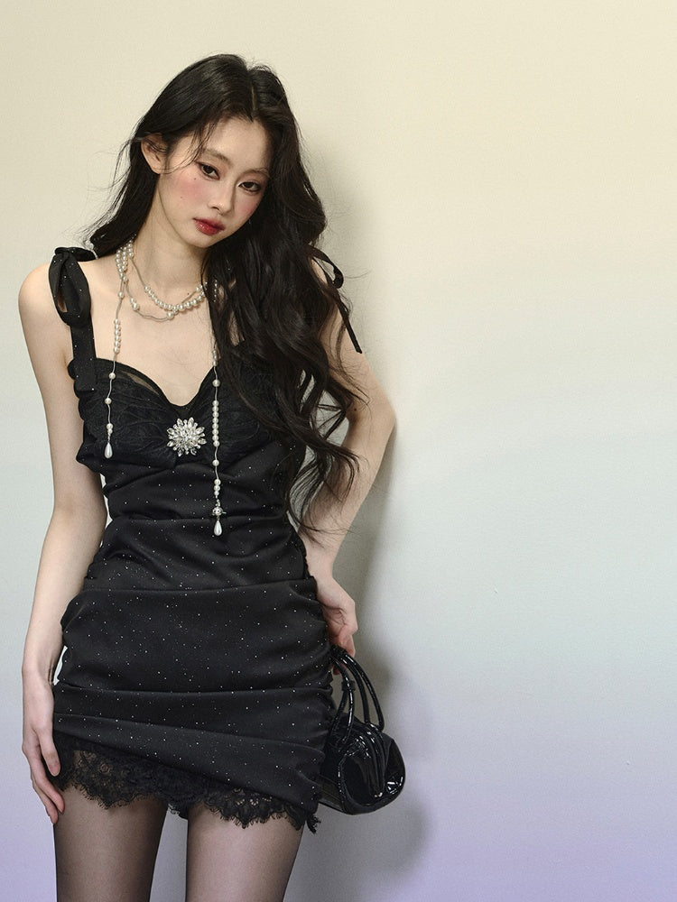 Black Butterfly Bodice Rhinestone Embellished Ruched Mini Slip Dress