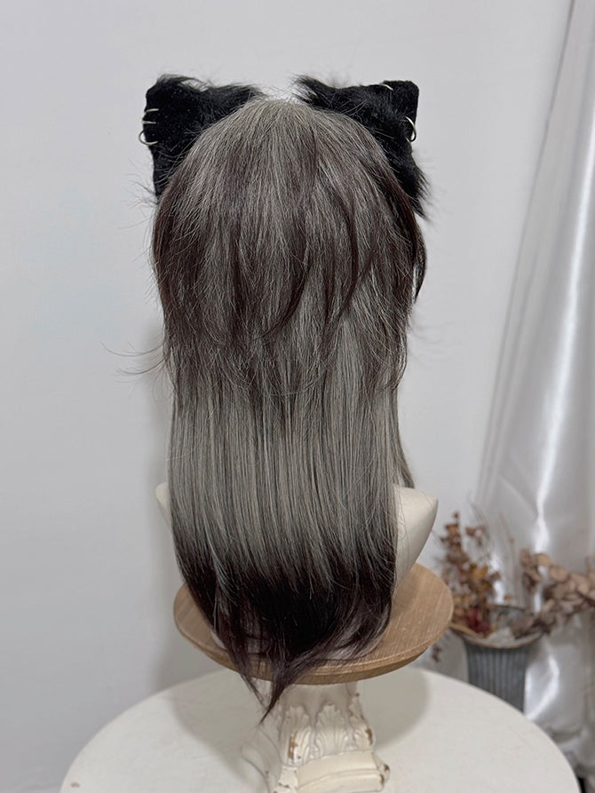 Black 45CM Ouji Bangs Ombre Straight Gray And With Style Length Wig