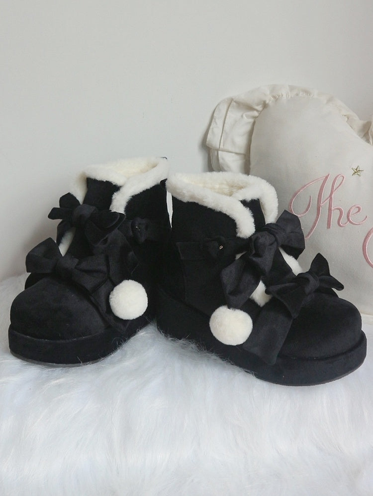 Schwarze Stiefel mit Schleifen - Lolita Pompon Süß mit Stil Plateau Winter Warm