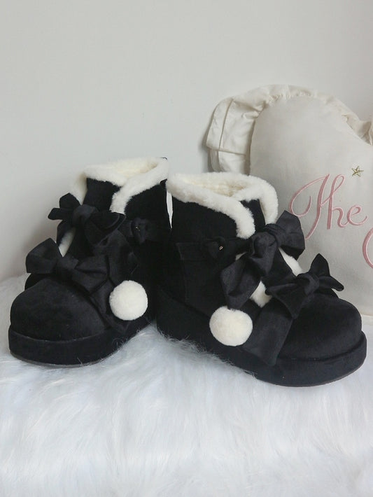 Schwarze Stiefel mit Schleifen - Lolita Pompon Süß mit Stil Plateau Winter Warm
