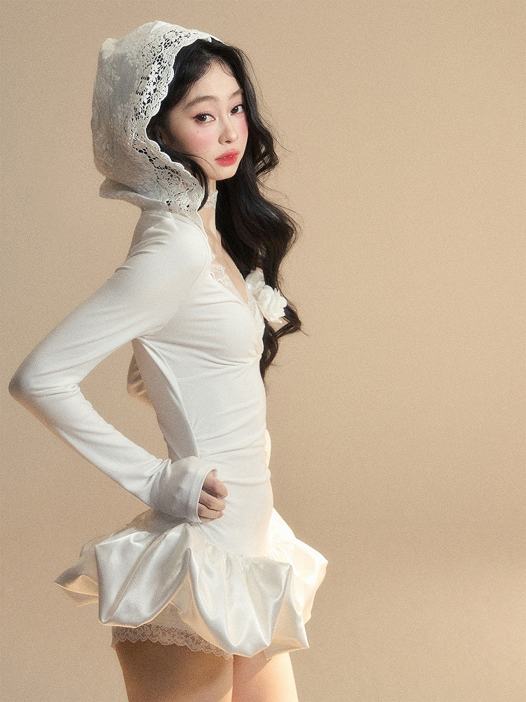 Floral Accents Lace Skirt Mini Bubble Trim White V-Neck Dress Hooded Glamorous