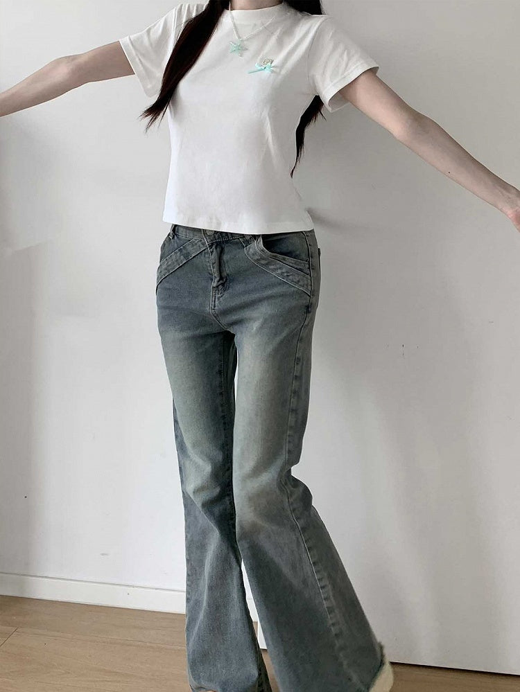Blue Raw Hem Flared Jeans