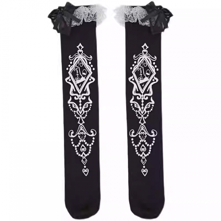 Black Ruffled Lace Cuff Printed Lolita Under Knee Stockings